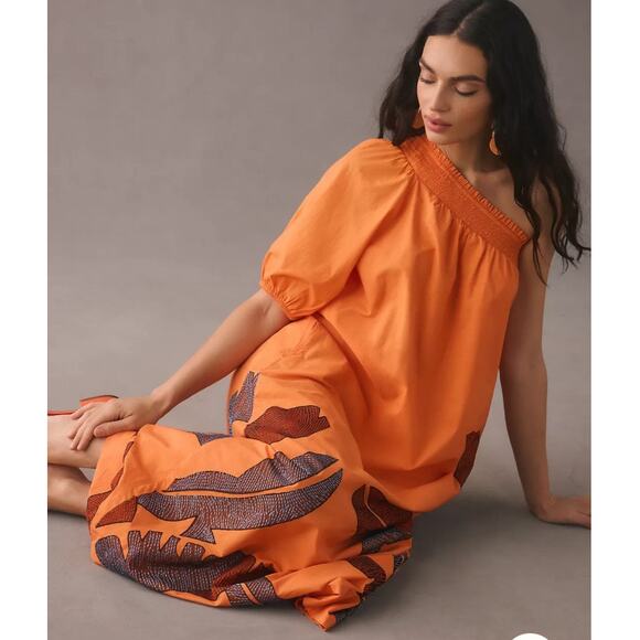 Anthropologie Maeve Orange One-Shoulder Embroidered Maxi Dress - Picture 13 of 13